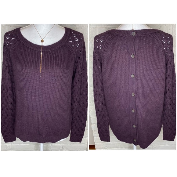 Loft Wine Crochet Sleeves Button Back Sweater M